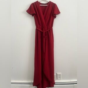 Fraiche By J Red Wrap Long Maxi Dress Lined SZ M Elastic Waist Flutter Sleeve